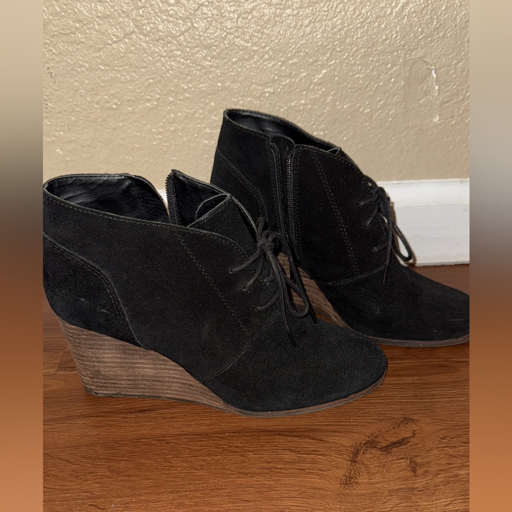 Lucky Brand Black Suede Wedge Booties